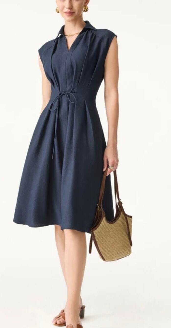 NWT OGL Move Womens M Denim Navy Viscose Linen V-Neck Tie Waist Midi Dress New